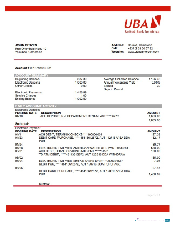 Download Cameroon UBA bank statement word